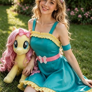 Fluttershy cosplay-klänning, My Little Pony-kostym, fjärils-turkos volangklänning, Halloween-anime-cosplayset i ridstil