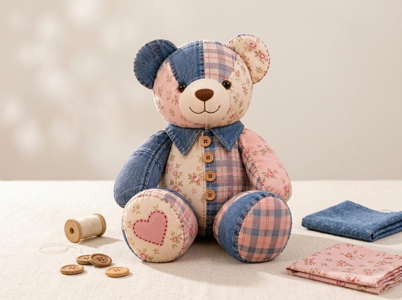Memory Bear Sewing Pattern PDF | Patchwork Memory Bear Pattern | Keepsake Bear Sewing Pattern | Beginner Sewing Pattern