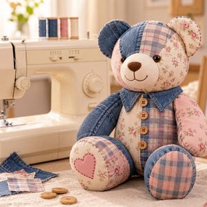 Memory Bear Sewing Pattern PDF | Patchwork Memory Bear Pattern | Keepsake Bear Sewing Pattern | Beginner Sewing Pattern