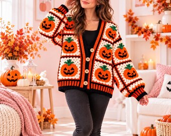 Häkelanleitung für eine Halloween-Oma-Strickjacke (PDF) | Kürbis-Strickjacke | Halloween-Häkelpullover | Häkelstrickjacke