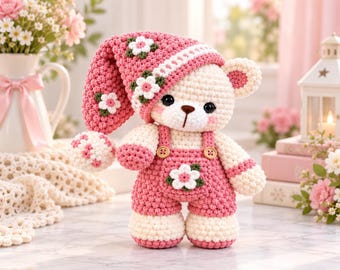 Häkelanleitung für einen Hasen (PDF) | Niedlicher rosa Hase als Amigurumi-Plüschtier | Blumenmütze & Latzhose | Häkelanleitung für Anfänger