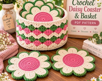 Häkelanleitung für Gänseblümchen-Untersetzer & Korb (PDF) | Florale Häkeldeko | Blumenuntersetzer | Häkelanleitung für Anfänger | Digitaler Download