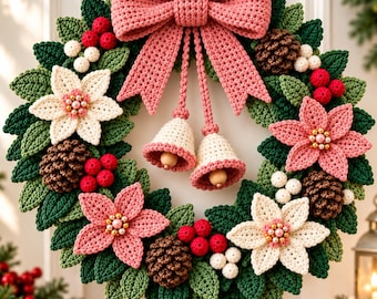Häkelanleitung für einen Weihnachtskranz (PDF) | Häkelanleitung für einen floralen Weihnachtstürkranz | Häkelanleitung für einen festlichen Kranz | Weihnachtsdekoration für die Tür
