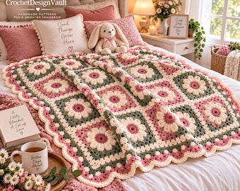 Häkelanleitung für eine quadratische Babydecke mit Blumenmuster (Gänseblümchen) | PDF-Datei | Wellenrand | Fotoanleitung