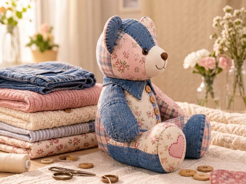 Memory Bear Sewing Pattern PDF | Patchwork Memory Bear Pattern | Keepsake Bear Sewing Pattern | Beginner Sewing Pattern