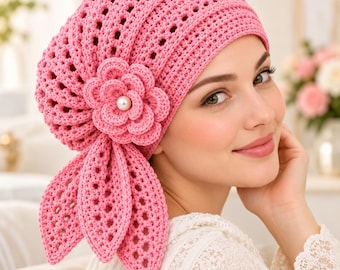 Häkelanleitung für eine Chemomütze | Blumenmuster für Chemomützen (PDF) | Rosa Turban-Kopftuch | Schritt-für-Schritt-Häkelanleitung