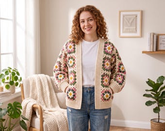 Häkelanleitung für eine quadratische Strickjacke im Oma-Stil | Häkelanleitung für eine Strickjacke mit Gänseblümchenmuster (PDF) | Anfängerfreundlicher Pullover | Größen XS–5XL (Digitaler Download)