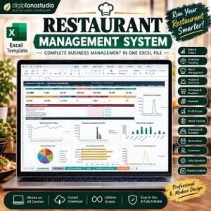 May include: A laptop screen displaying a restaurant management system Excel template with an executive dashboard, performance charts, sales trends, and revenue data. The interface includes tabs for settings, orders, menu, recipes, and inventory tracking.