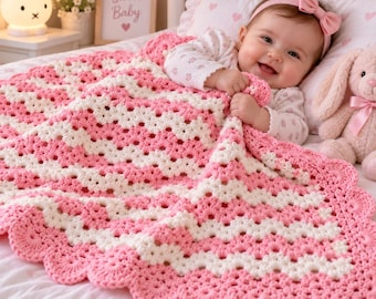 Häkelanleitung für eine rosa-weiße Babydecke | Babydecke für Anfänger (PDF) | Häkeldecke mit Wellenrand | Fotoanleitung
