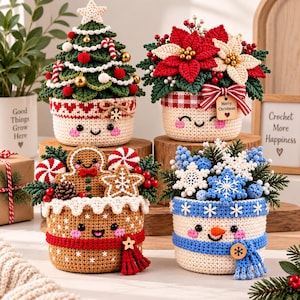 May include: Four crocheted holiday-themed pots featuring a Christmas tree, poinsettia flowers, a gingerbread person, and a snowman. Each pot has a smiling face, festive colors, and decorative elements like candy canes, snowflakes, and bows.