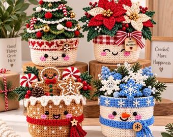 Häkelanleitungsset für Weihnachtstöpfe | Weihnachtsstern, Lebkuchenmann, Schneemann | Dekorativer Weihnachtstopf (PDF) | Digitaler Download