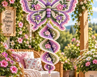 Häkelanleitung für ein Schmetterlings-Windspiel (PDF) | Spiral-Schmetterling als Hängedekoration | Blumen-Schmetterling | Häkelanleitung mit Fotos