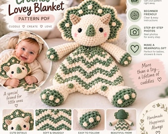Häkelanleitung für ein Triceratops-Kuscheltier (PDF), Dinosaurier-Babykuscheltier, Dino-Schmusedecke, Häkel-Schmusetuch, Amigurumi-Anleitung, Anfänger-PDF