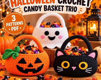 Häkelanleitung für einen Halloween-Süßigkeitenkorb | Kürbis-, Geister- und Katzenkorb (PDF) | Süßigkeitenkorb | Häkelanleitung für Halloween