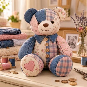 Memory Bear Sewing Pattern PDF | Patchwork Memory Bear Pattern | Keepsake Bear Sewing Pattern | Beginner Sewing Pattern