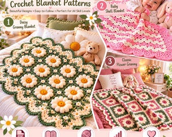 Flower Daisy Granny Square Baby Blanket Pattern Bundle | 3 Baby Blanket Crochet Patterns PDF | Daisy Granny Square & Floral Baby Blanket