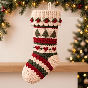 May include: A cream-colored crocheted Christmas stocking featuring a cuff with red berry and green leaf accents. The body displays rows of green pine tree motifs, red hearts, and textured bobble stitches, finished with diagonal red and green stripes.