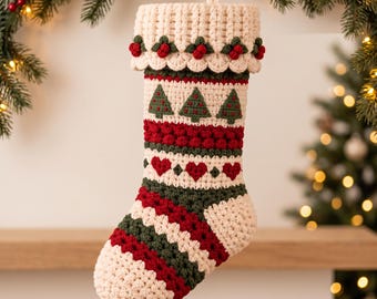 Häkelanleitung für einen Weihnachtsstrumpf, Anfänger-Weihnachtsstrumpf, PDF-Anleitung zum Häkeln von Weihnachten, Herz-Bommel mit Beerenbaum
