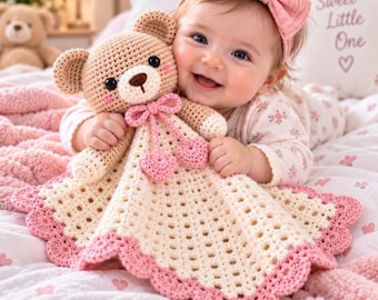 Häkelanleitung für ein Kuscheltier (PDF) | Teddybär-Kuscheltier | Baby-Schmusedecke | Amigurumi-Bär-Tröster | Rosa Muschelkante | Digitaler Download