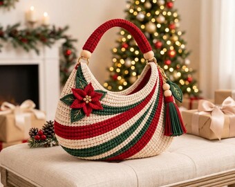 クリスマス ポインセチア ホーボーバッグ かぎ針編みパターン PDF | かぎ針編みホーボーバッグパターン | クリスマスかぎ針編みバッグ | ポインセチアバッグ