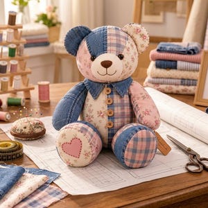 Memory Bear Sewing Pattern PDF | Patchwork Memory Bear Pattern | Keepsake Bear Sewing Pattern | Beginner Sewing Pattern