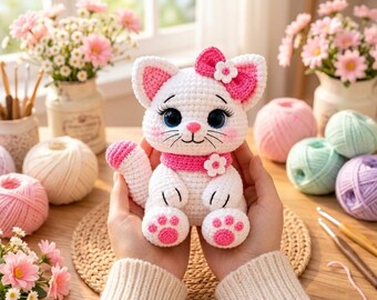 Häkelanleitung für einen Katzen-Einteiler (Amigurumi, PDF) | Katzen-Häkelanleitung | Weiß-rosa Katze mit Schleife und Blume | Anfängerfreundlich