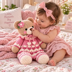 Può includere: Un orsacchiotto all'uncinetto con corpo marrone chiaro, muso color crema e un fiore rosa sull'orecchio. L'orso indossa un vestito all'uncinetto rosa e bianco con dettagli a forma di cuore e un colletto a balze, realizzato in filato.