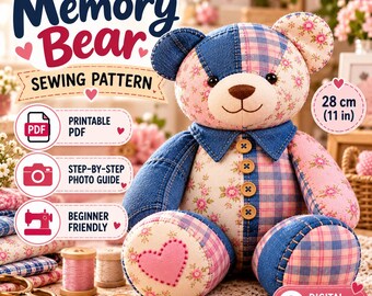 Nähvorlage für einen Erinnerungsbären (PDF) | Patchwork-Schnittvorlage für einen Erinnerungsbären | Nähvorlage für einen Andenkenbären | Nähvorlage für Anfänger