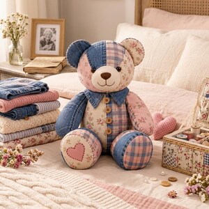 Memory Bear Sewing Pattern PDF | Patchwork Memory Bear Pattern | Keepsake Bear Sewing Pattern | Beginner Sewing Pattern