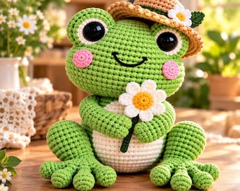 Frosch-Häkelanleitung (Amigurumi) PDF | Niedliche Frosch-Häkelanleitung mit Hut und Blume | Frosch-Plüschanleitung für Anfänger