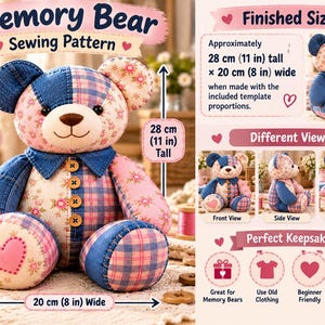 Memory Bear Sewing Pattern PDF | Patchwork Memory Bear Pattern | Keepsake Bear Sewing Pattern | Beginner Sewing Pattern