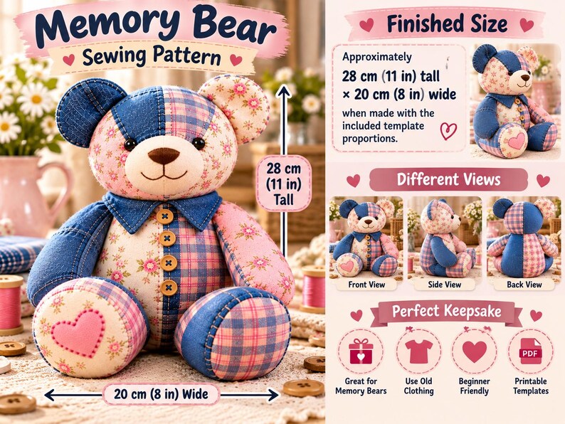 Memory Bear Sewing Pattern PDF | Patchwork Memory Bear Pattern | Keepsake Bear Sewing Pattern | Beginner Sewing Pattern