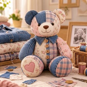Memory Bear Sewing Pattern PDF | Patchwork Memory Bear Pattern | Keepsake Bear Sewing Pattern | Beginner Sewing Pattern