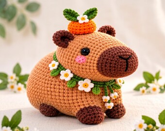 Häkelanleitung für ein Capybara (PDF) – Amigurumi-Tier | Niedliches Capybara mit Orange und Blumengirlande | Häkelanleitung für Anfänger