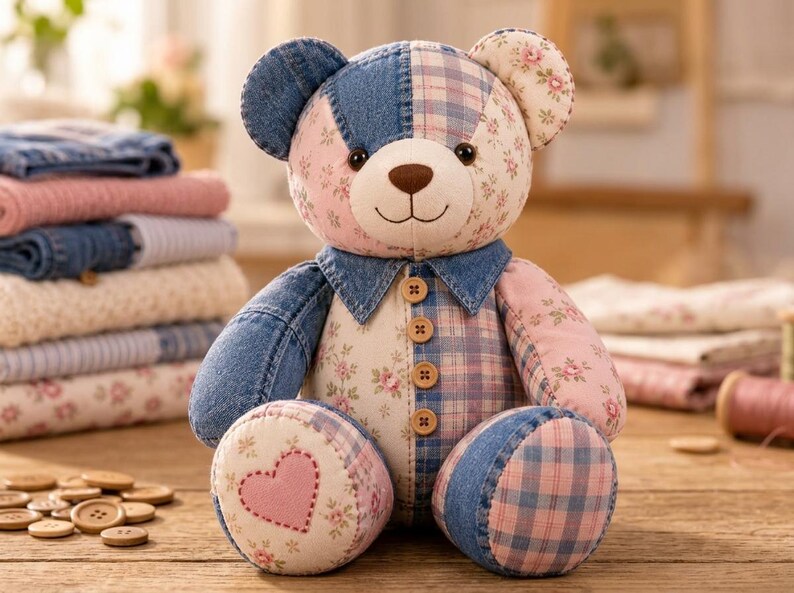 Memory Bear Sewing Pattern PDF | Patchwork Memory Bear Pattern | Keepsake Bear Sewing Pattern | Beginner Sewing Pattern