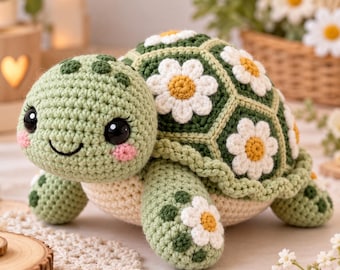 Häkelanleitung für eine Schildkröte (Amigurumi) als PDF | Niedliche Blumenschildkröte als Plüschtier | Häkelanleitung für Anfänger | Schildkröte mit Blumenmuster und Gänseblümchenmuster