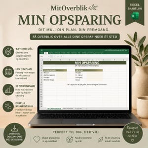 May include: A laptop screen displaying a digital savings tracker spreadsheet titled MIN OPSPARING. The interface includes sections for goals, plans, and progress, with icons for setting targets, planning, and tracking development in a clean, organized layout.