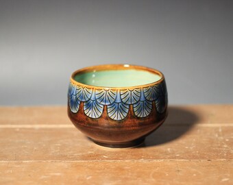 Cobalt blue Art Deco Teabowl, Studio Pottery, Ceramic art, Chawan, Hand carved, Stoneware clay, Teaware