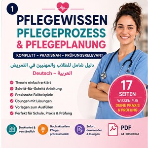 Könnte beinhalten: Ein digitales Bildungsdokument mit dem Titel PFLEGEWISSEN PFLEGEPROZESS & PFLEGEPLANUNG. Es zeigt eine Pflegekraft mit Stethoskop, ein rosa kreisförmiges Abzeichen mit der Aufschrift 17 SEITEN sowie Merkmale wie Theorie, Anleitungen und PDF-Format.