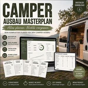 May include: A digital camper conversion master plan guide featuring a laptop displaying a project dashboard, a tablet showing power consumption planning, and five printed checklists for electrical, water, interior, and finishing tasks.
