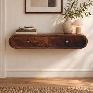 Solid Mango Wood Console Table | Mid Century Modern Wall Mounted Curved Console | Walnut Floating Entryway Table with Drawers
