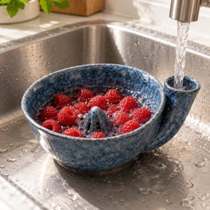 Op de afbeelding: Een blauwe gespikkelde keramische bessenvergietkom met een centrale afvoerkegel en een zijtrechter voor watertoevoer. De kom is gevuld met verse rode frambozen en staat onder een keukenkraan met water dat in de trechter stroomt.