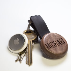 Apple  airtag walnut wood leather case keychain, airtag case, airtag protective cover,  optional text personalisation riveted