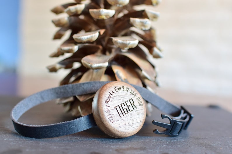 Apple Airtag breakaway cat collar made out of premium materials such as naturally tanned full grain premium leather and american walnut wood