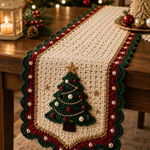 May include: A cream-colored crocheted table runner featuring a central green Christmas tree applique decorated with gold beads and red and white spheres. The runner has a scalloped border in red and dark green, accented with white pearls.