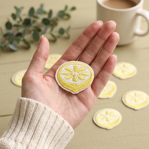 May include: A circular embroidered patch featuring a stylised yellow lemon slice design with white accents. The patch has a stitched border and a flat, round shape. Several identical lemon slice patches are scattered around the main patch.
