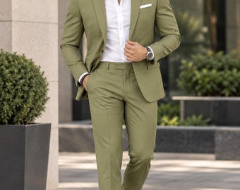 Abito da sposo slim fit in viscosa verde oliva su misura (realizzato su ordinazione)