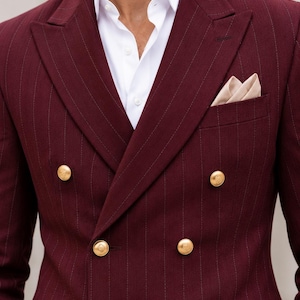 Men’s Wine Maroon Pinstripe Double Breasted Blazer, Luxury Tailored Suit Jacket, Gold Button Formal Wear, Old Money Style, Party Outfit