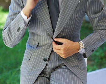 Men’s Grey Pinstripe Suit – Classic Business Suit, Tailored Formal Blazer & Trousers, Luxury Wedding and Office Wear