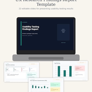 Op de afbeelding: Een UX Research Findings Report sjabloon met 22 bewerkbare dia's voor het presenteren van bruikbaarheidstests. Het scherm toont een donkere dia met de tekst Usability Testing Findings Report en kleinere dia's met grafieken en onderzoeksresultaten.